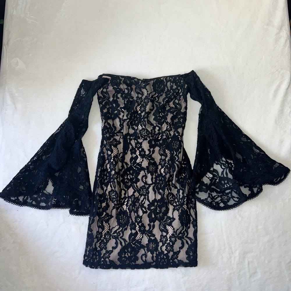 Lulus Black Lace Off The Shoulder Bell Sleeve Mini Dress XS Whimsigoth Academia